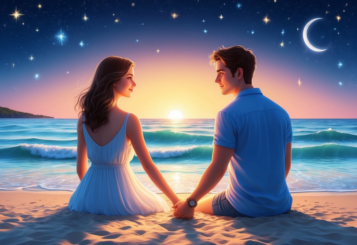 A serene beach at sunset, with Cancer and Pisces holding hands, gazing into each other's eyes, surrounded by gentle waves and a starry sky