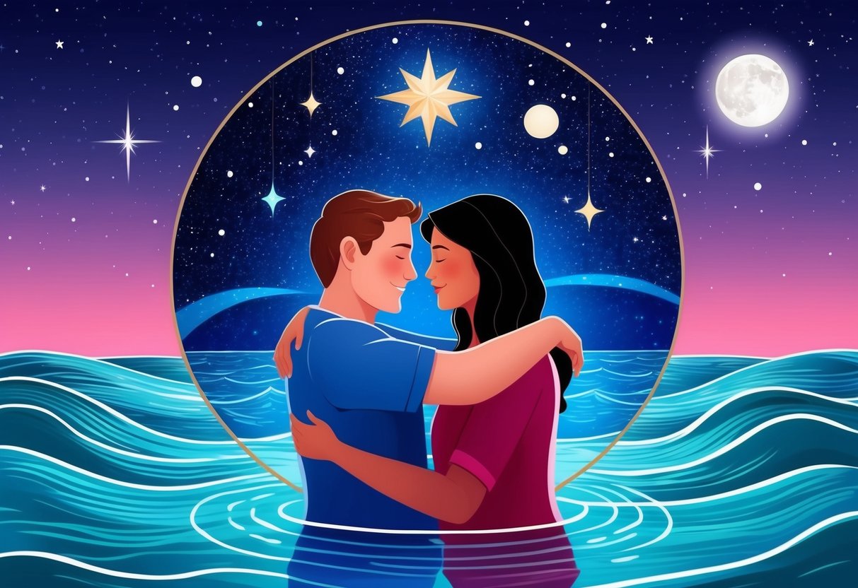 A cancer and pisces embracing under a starry night sky, surrounded by calming water and gentle waves