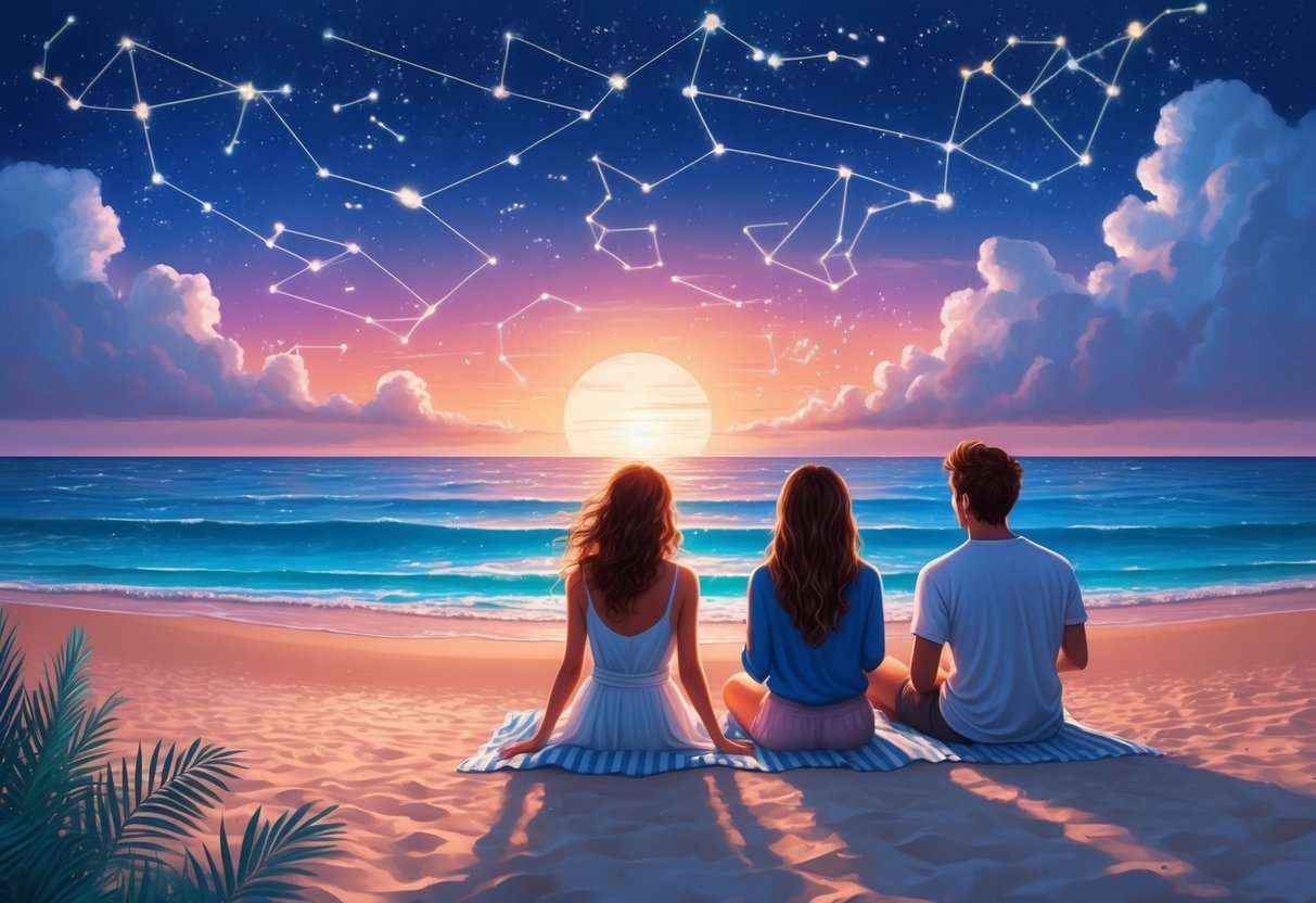 A serene beach at sunset, with Cancer and Pisces stargazing together under a sky filled with constellations