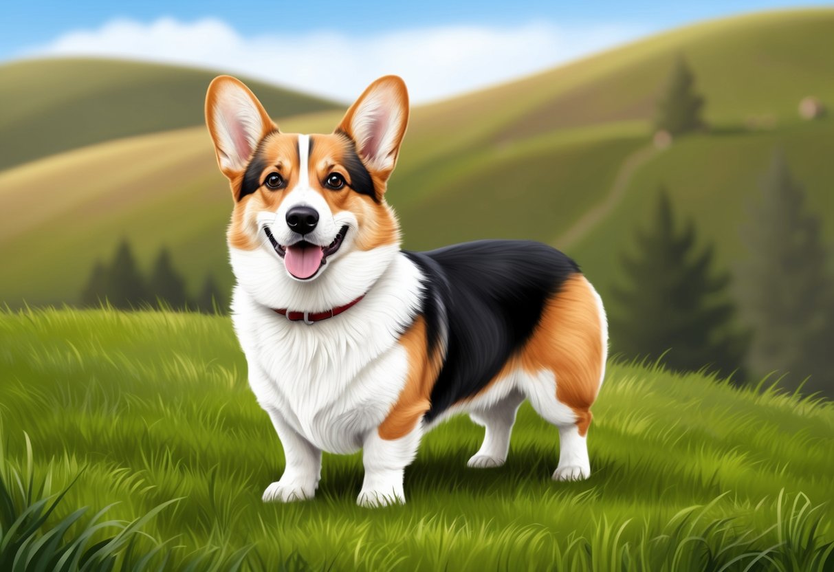 A Pembroke Welsh Corgi dog standing on a grassy hill, with its ears perked up and a friendly expression on its face