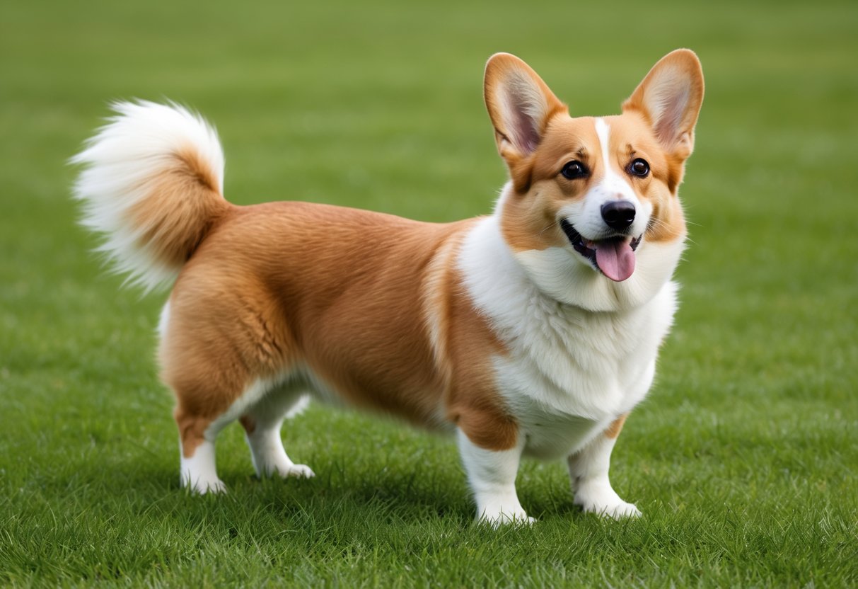 A Pembroke Welsh Corgi dog standing on a grassy field, with its short legs, long body, pointed ears, and fluffy tail