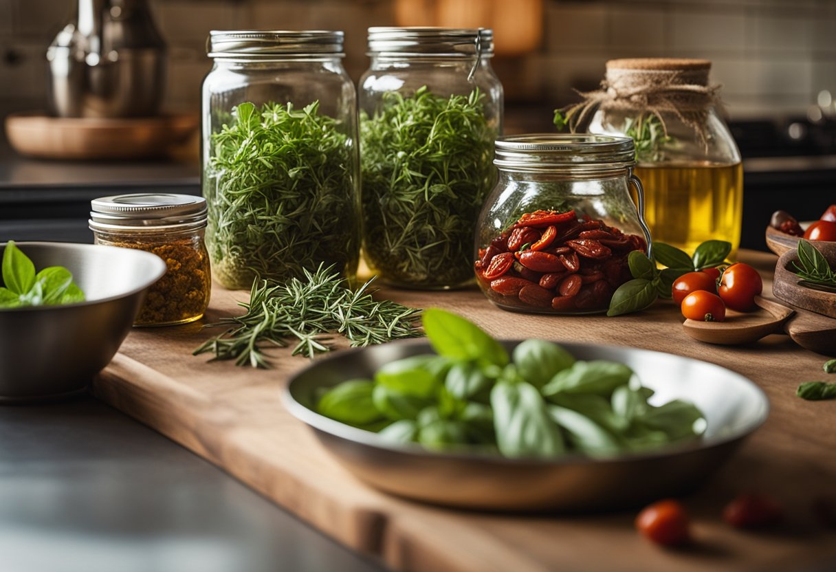 Uma bancada de cozinha rústica adornada com manjericão fresco, orégano e alecrim, ao lado de potes vibrantes de tomates secos ao sol e azeite de oliva