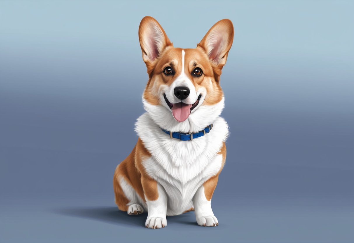 A Pembroke Welsh Corgi dog sits alert with ears perked up, tail wagging, and a friendly expression on its face