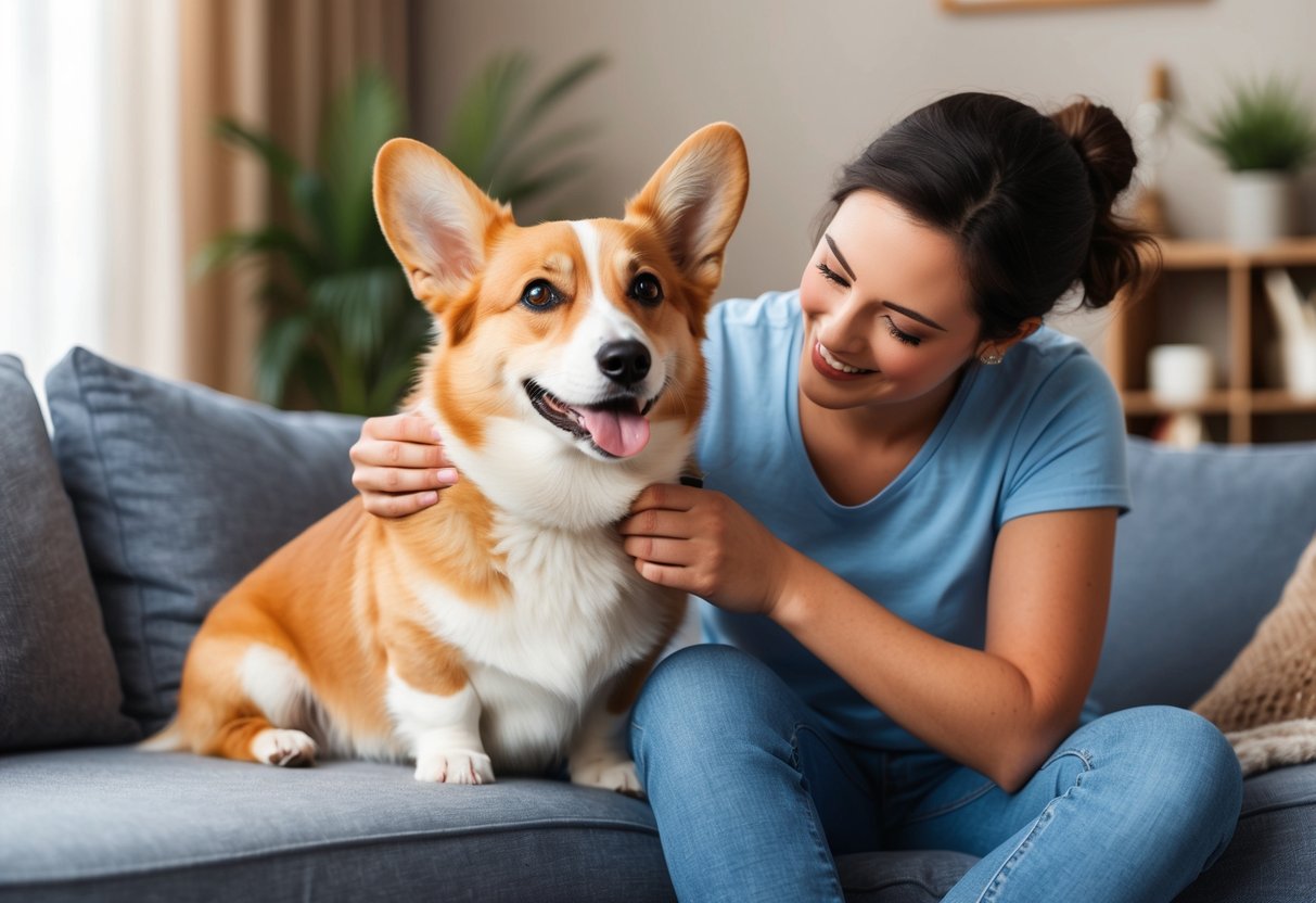 A Pembroke Welsh Corgi dog being groomed and cuddled by its owner in a cozy living room