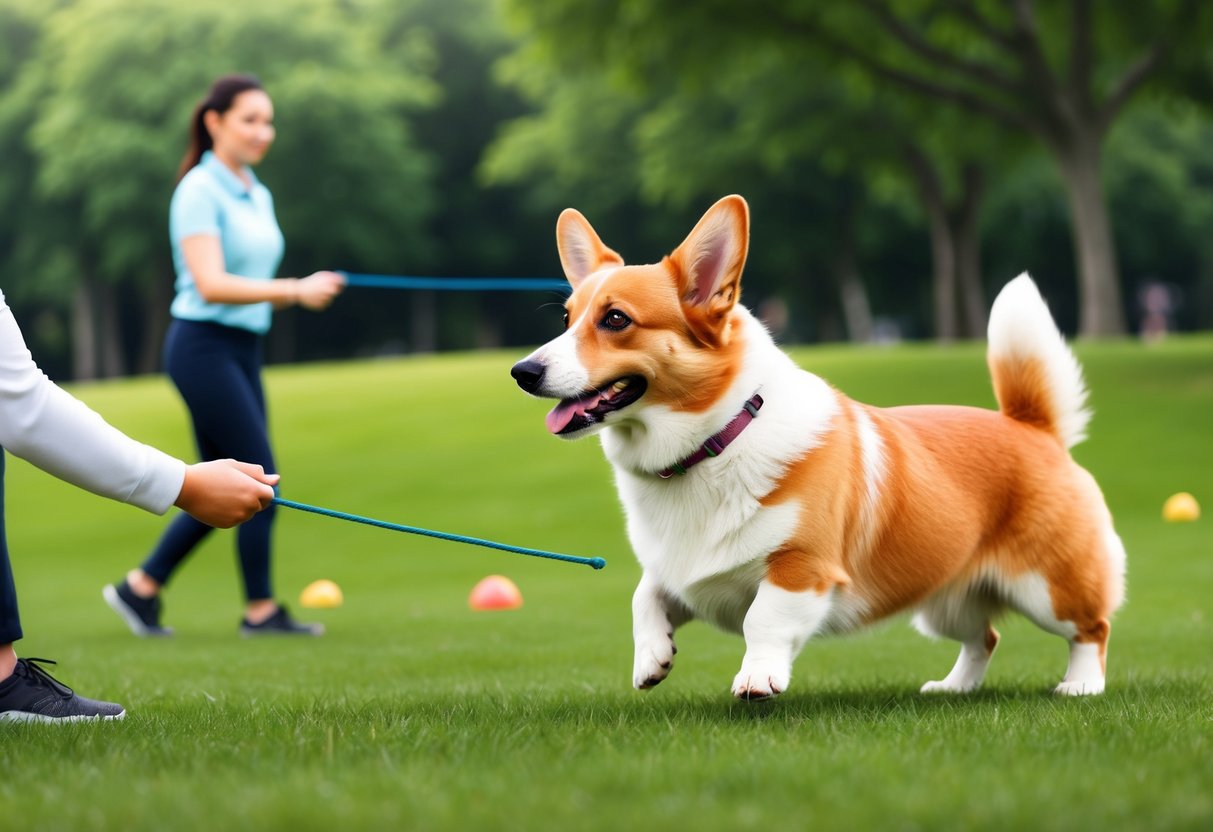 A Pembroke Welsh Corgi dog is performing training exercises in a grassy park, following commands and showing off its agility and intelligence