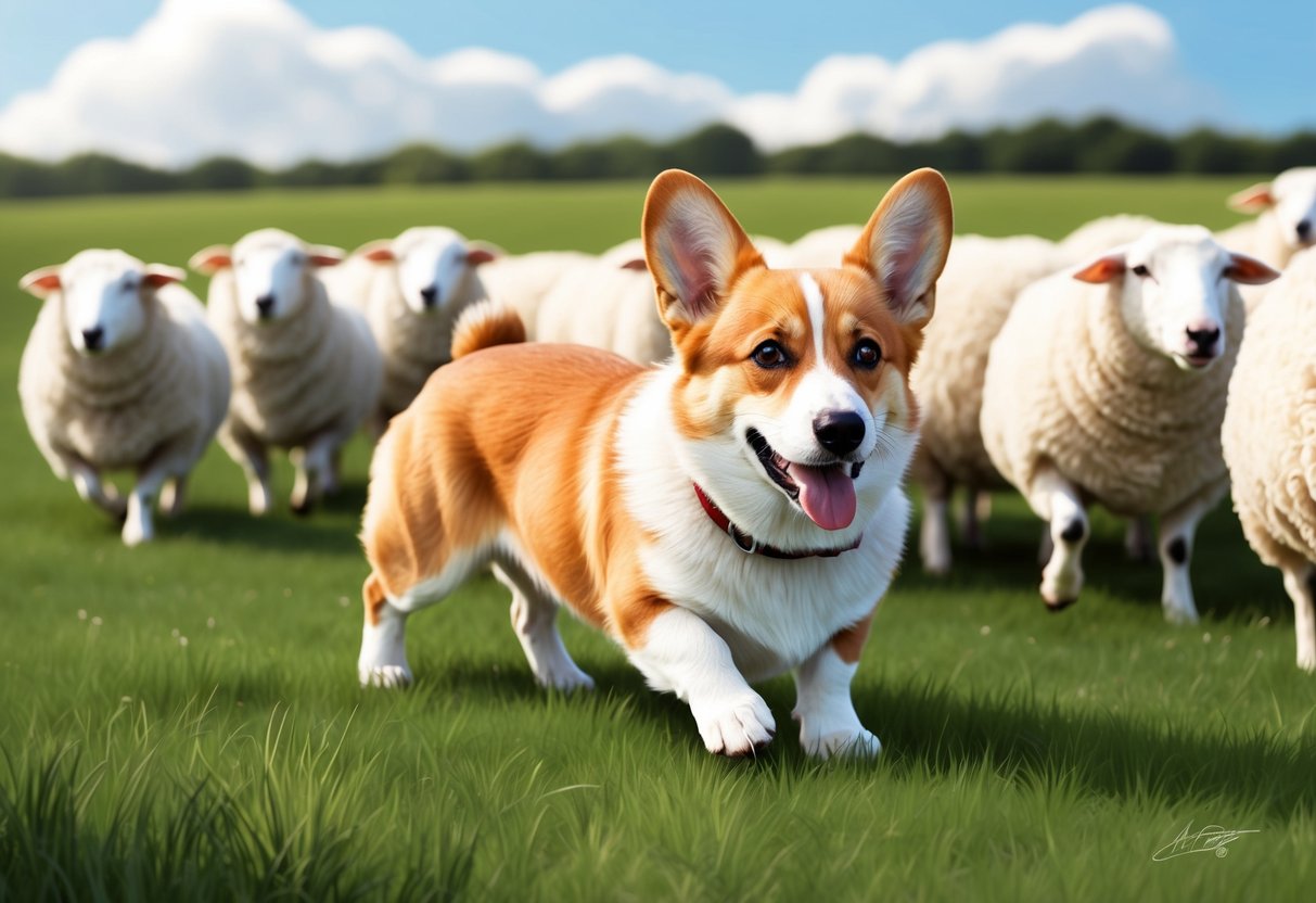 A Pembroke Welsh Corgi herding sheep in a green pasture