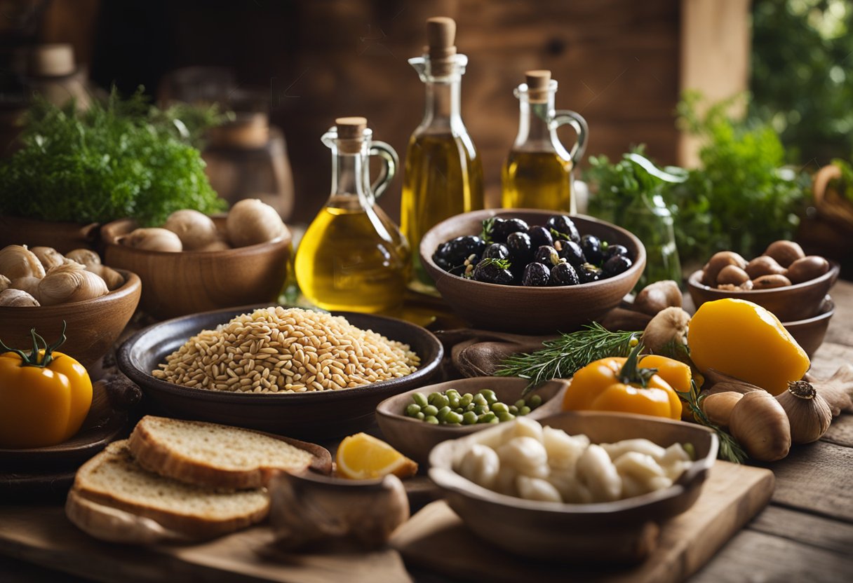 Uma mesa de cozinha italiana rústica, decorada com vegetais frescos, azeite, grãos integrais e frutos do mar, banhada por uma luz natural quente.