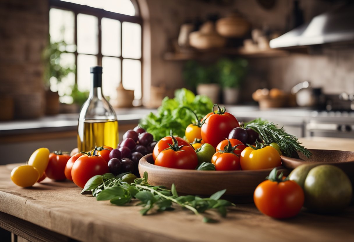 Uma cozinha italiana rústica com vegetais frescos, azeite e ervas em uma mesa de madeira. Uma tigela de tomates coloridos e uma garrafa de vinho tinto completam a cena mediterrânea.