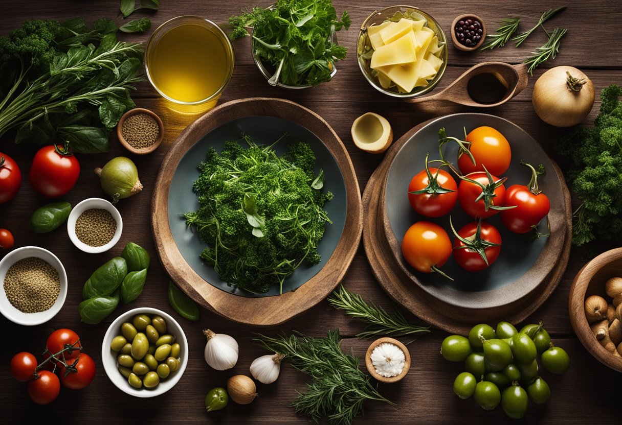 Uma mesa de cozinha rústica posta com legumes frescos, azeite, ervas e ingredientes mediterrâneos, pronta para uma ilustração de uma refeição inspirada na culinária italiana.