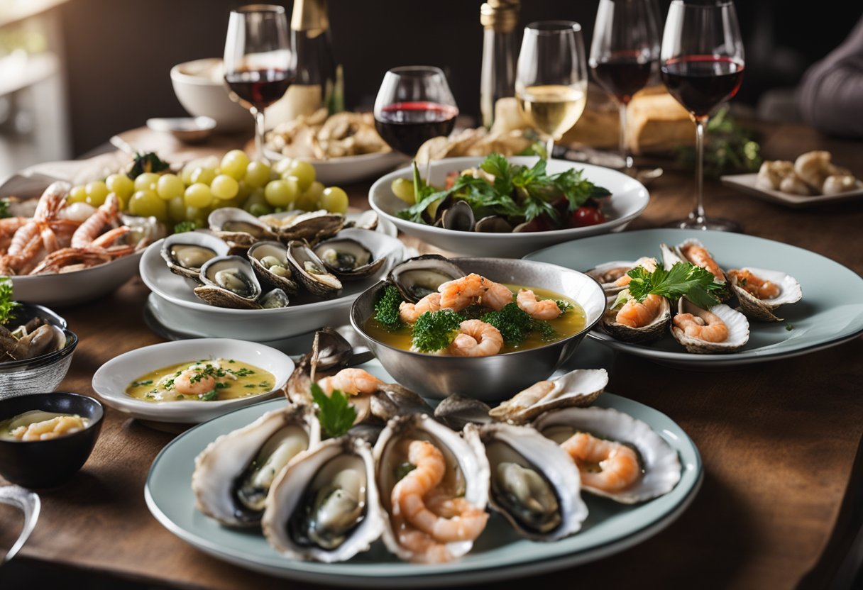 Uma mesa posta com uma variedade de vinhos italianos e uma seleção de frutos do mar frescos, incluindo ostras, camarões e mariscos.