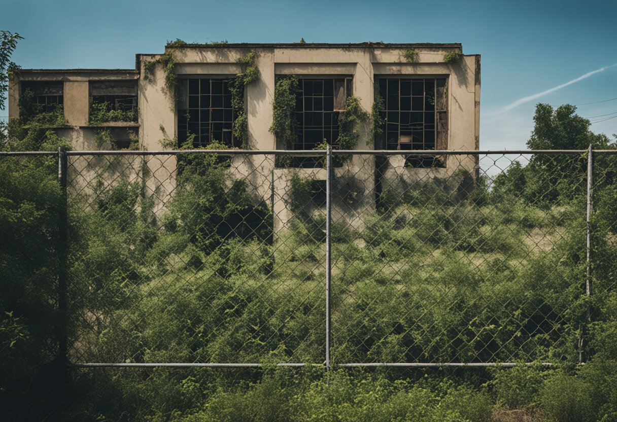 An abandoned, dilapidated building with boarded-up windows and overgrown vegetation, surrounded by a chain-link fence