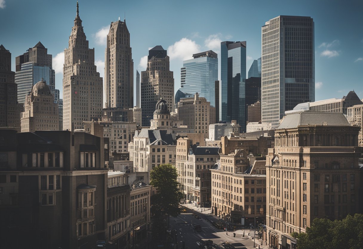 A bustling city skyline with a mix of modern and historic buildings, surrounded by financial district signs and symbols, with a focus on a distressed commercial property