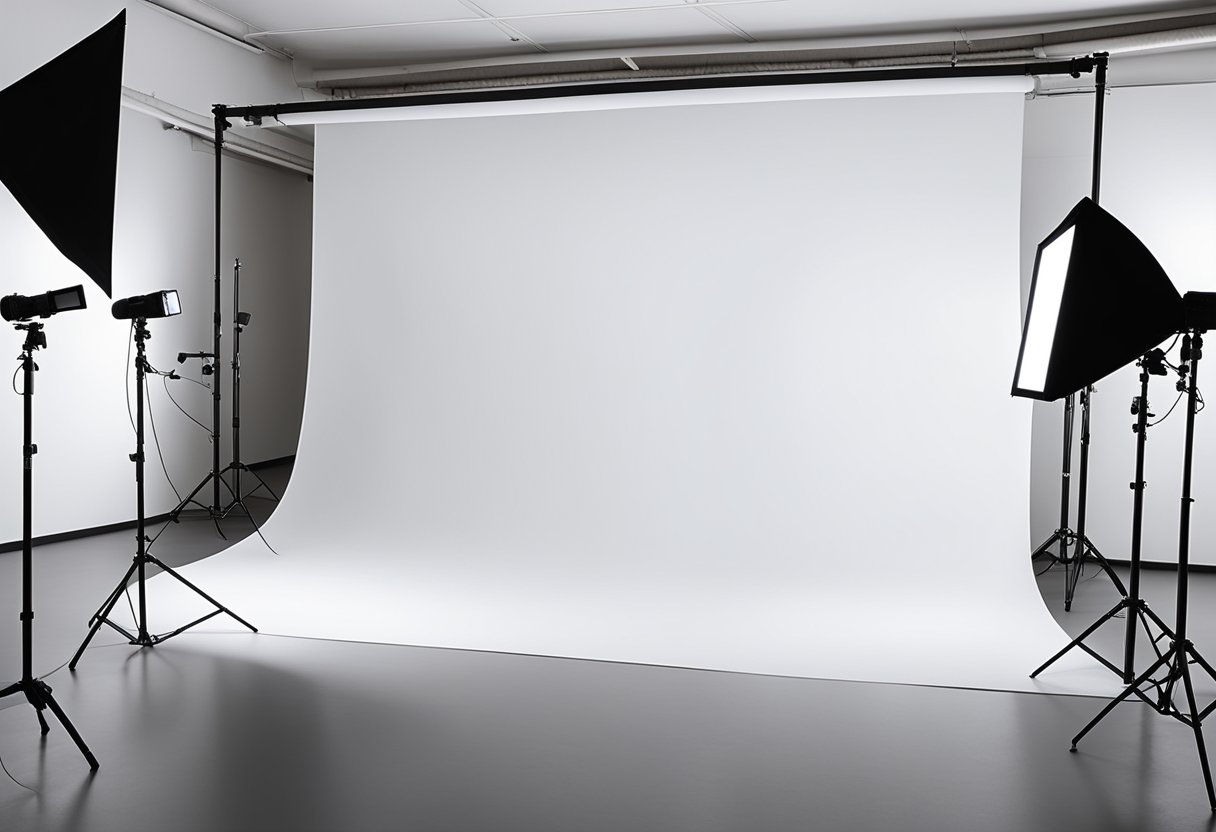 A well-lit studio with a white backdrop, professional camera, and various props to showcase product from different angles
