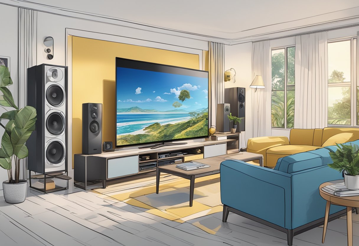 Una smart TV Telefunken circondata da vari dispositivi elettronici e cavi, con un manuale utente aperto nelle vicinanze
