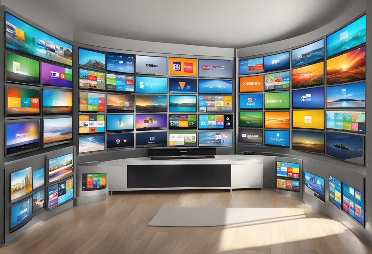 Una varietà di smart TV Telefunken disposte in un'esposizione panoramica con istruzioni