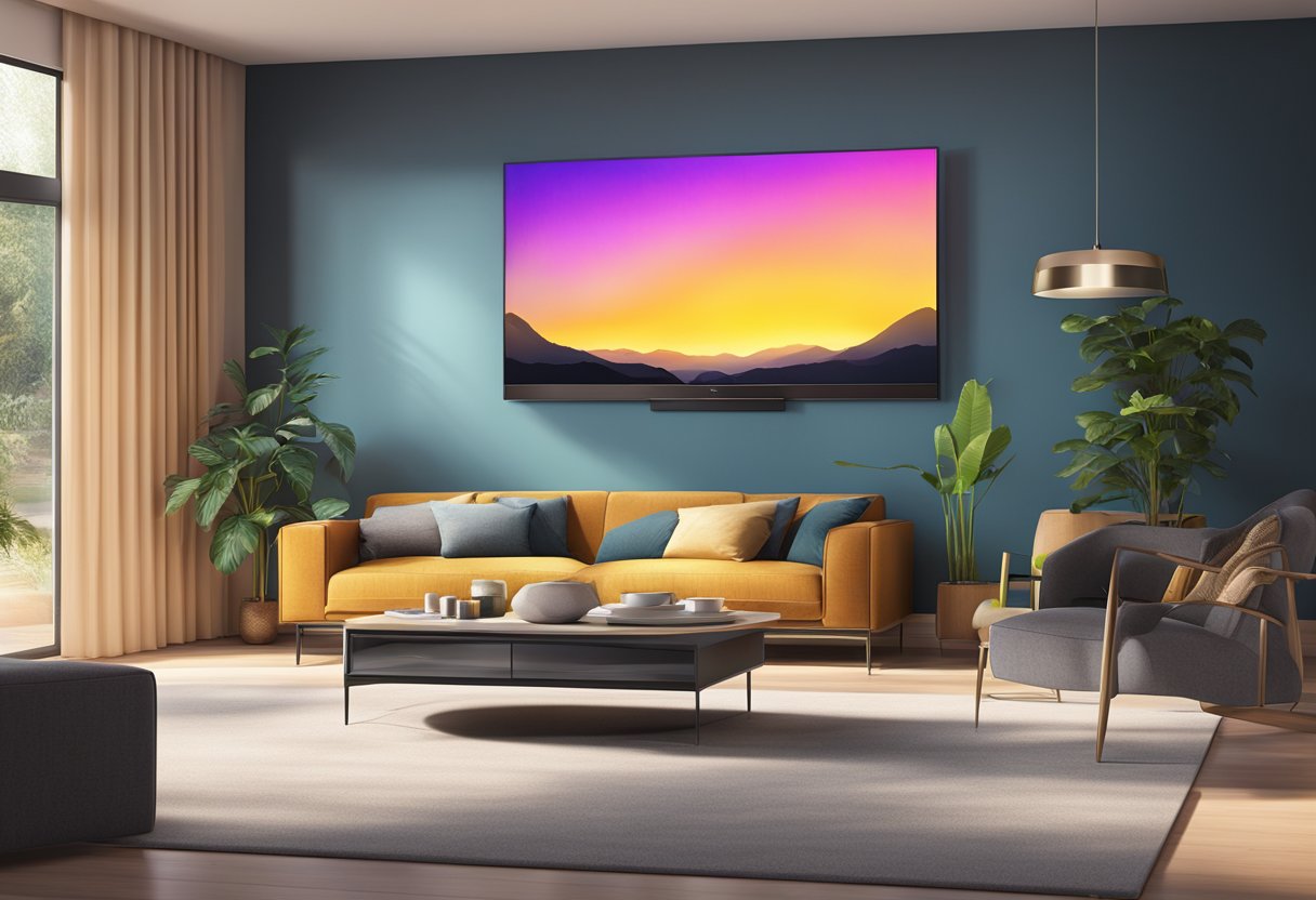 Un soggiorno elegante e moderno con un display wireless Telefunken montato sulla parete, che proietta un bagliore vibrante in tutta la stanza.