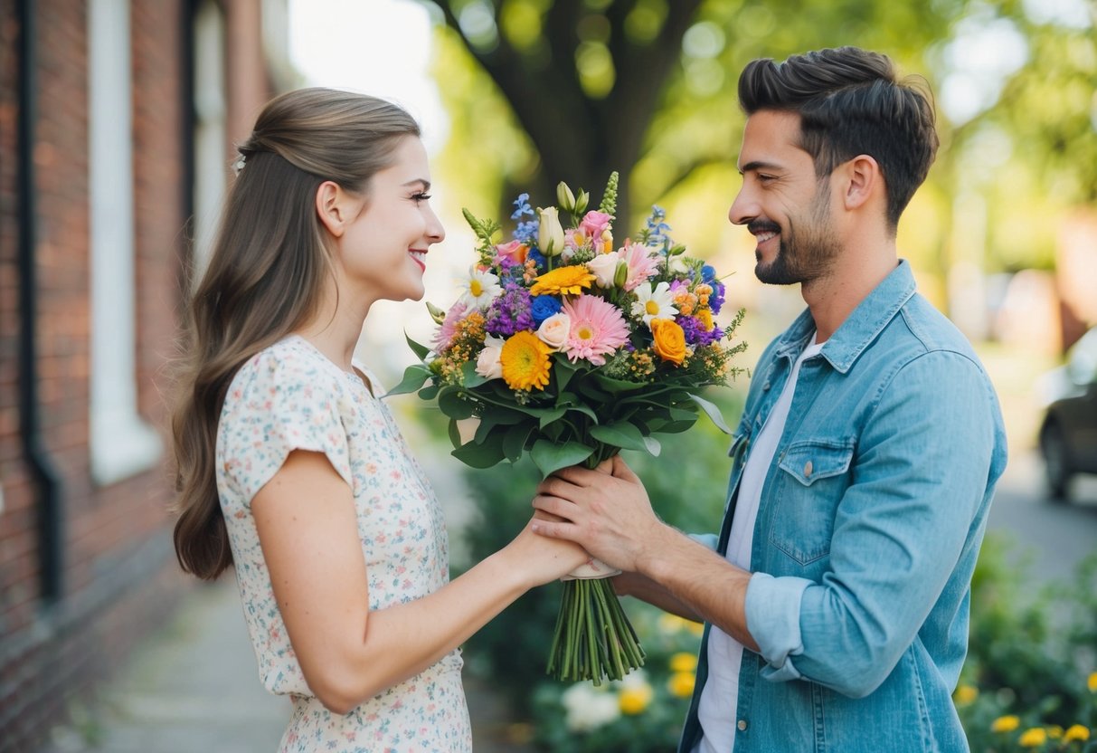 Un amico che riceve un mazzo di fiori, simbolo di tradizione e superstizioni