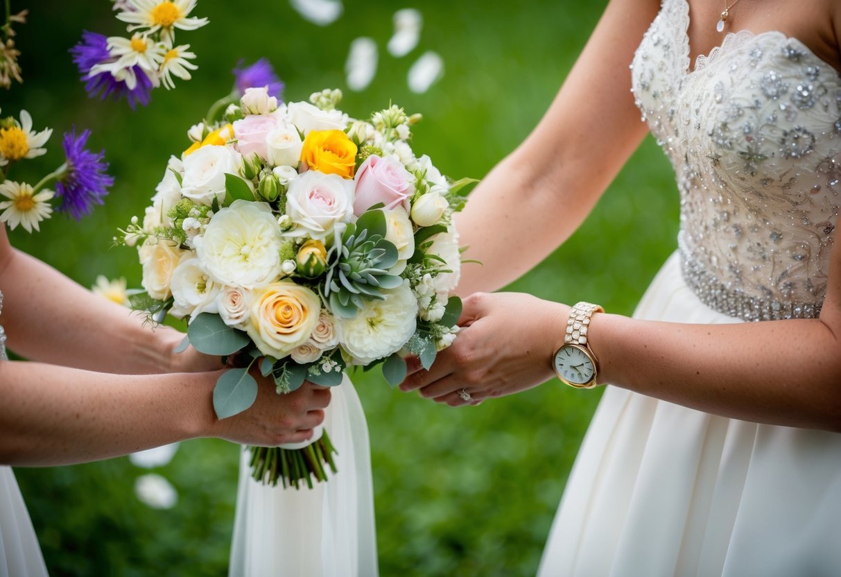 Un bouquet da sposa consegnato a un'amica, circondato da simboli e fiori tradizionali di matrimonio