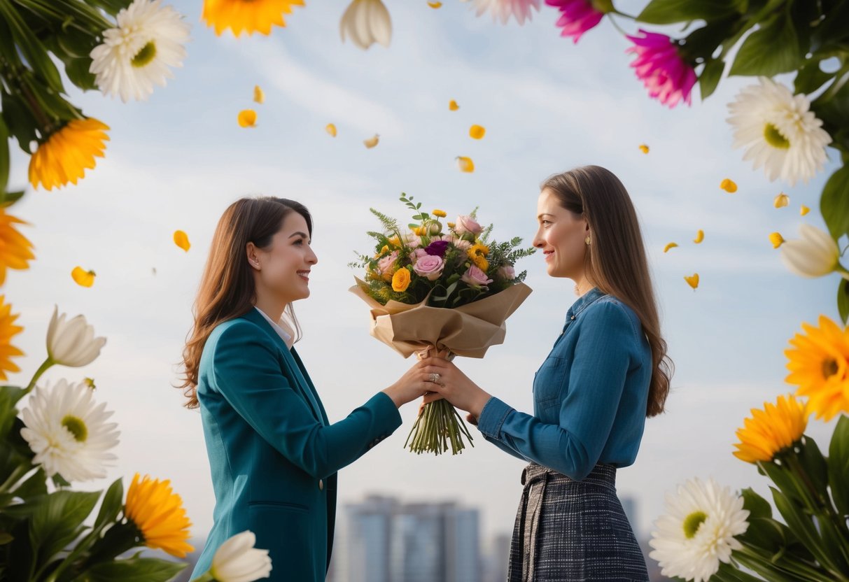 Una donna presenta un mazzo di fiori a un'amica, circondata da fiori simbolici e da un senso di tradizione e superstizione