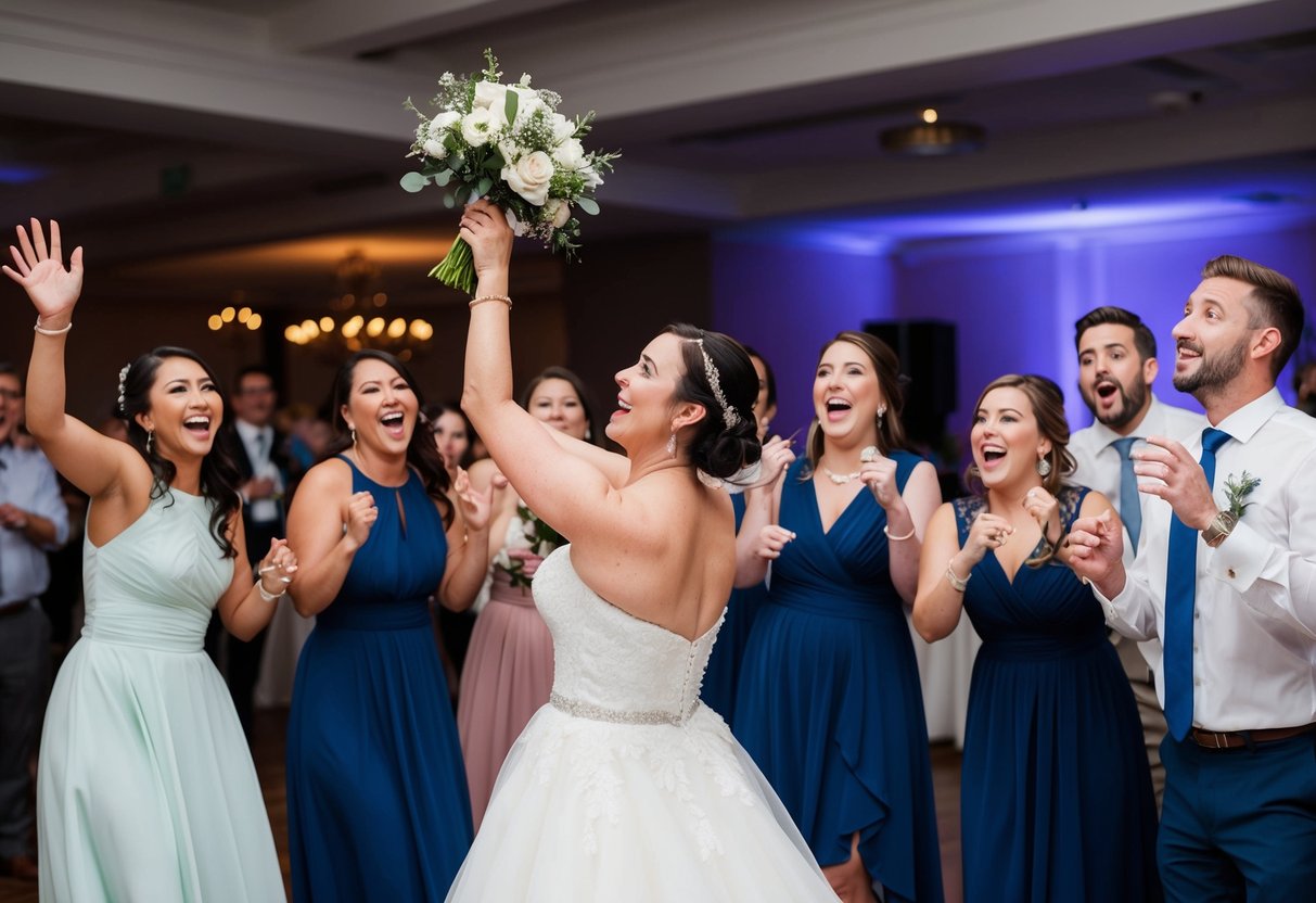 Una sposa lancia il suo bouquet a un gruppo di amici emozionati durante un ricevimento di matrimonio.