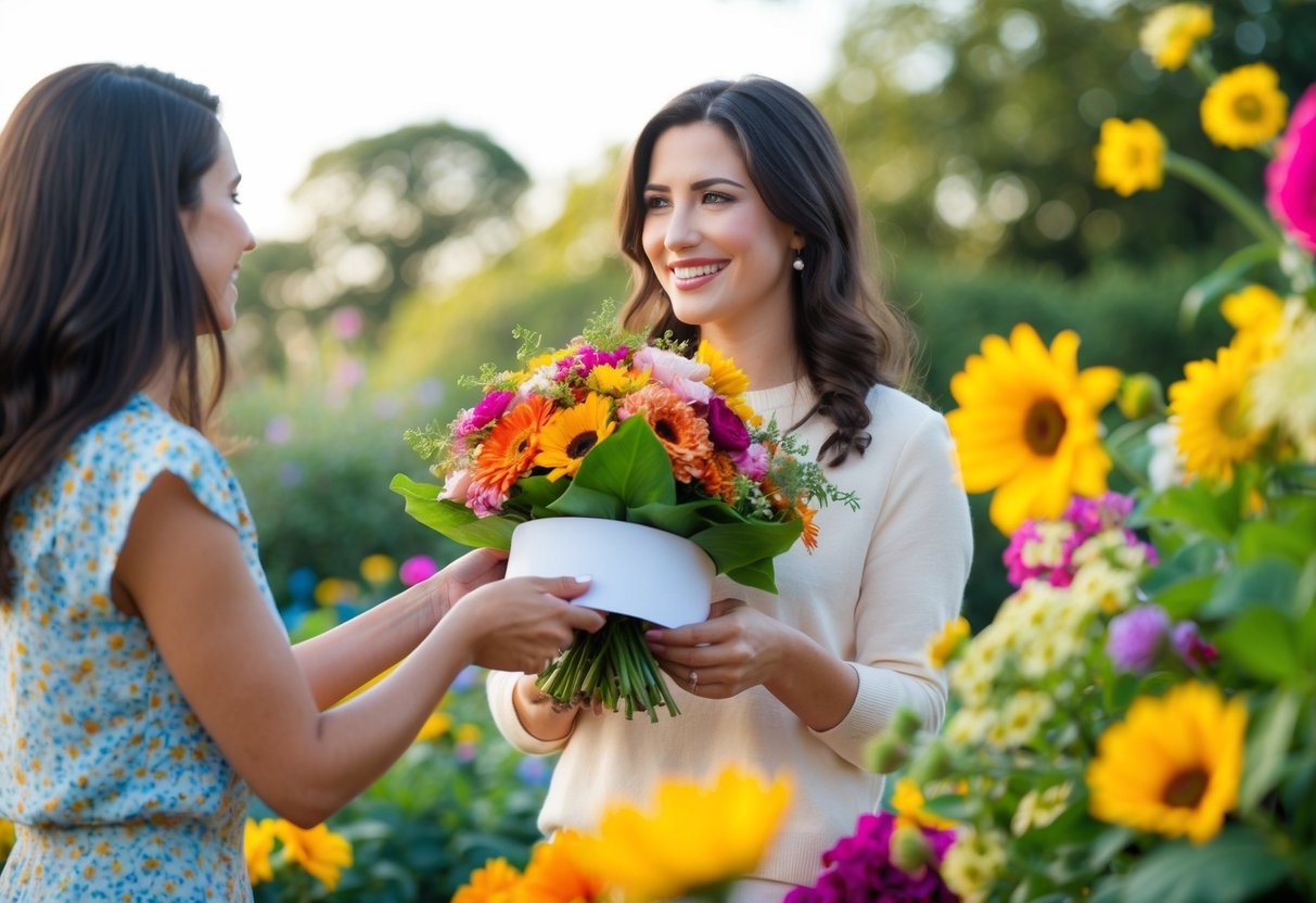 Una donna presenta un mazzo di fiori a un'amica, circondata da fiori vivaci e da un senso di calore e amicizia.