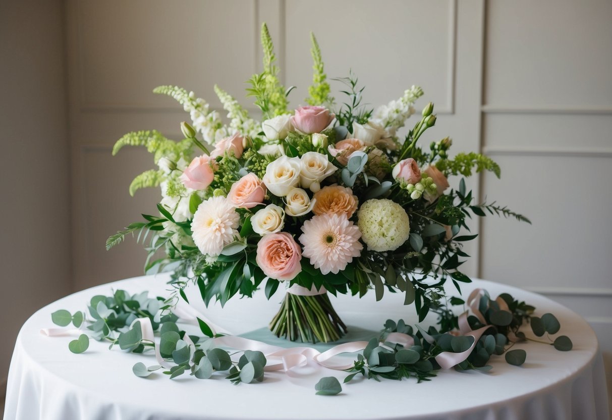 Un bouquet di fiori splendidamente disposto è posato su un tavolo, circondato da verde e nastri delicati.
