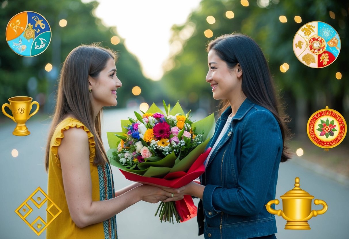 Una donna presenta un bouquet a un'amica, circondata da simboli di amicizia e significato culturale.