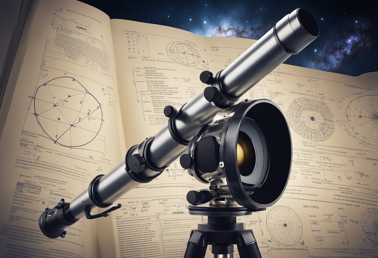 Um telescópio aponta para o céu noturno, capturando as estrelas e planetas distantes. O caderno de um cientista está aberto, cheio de equações e diagramas relacionados à busca pelo Planeta 9.