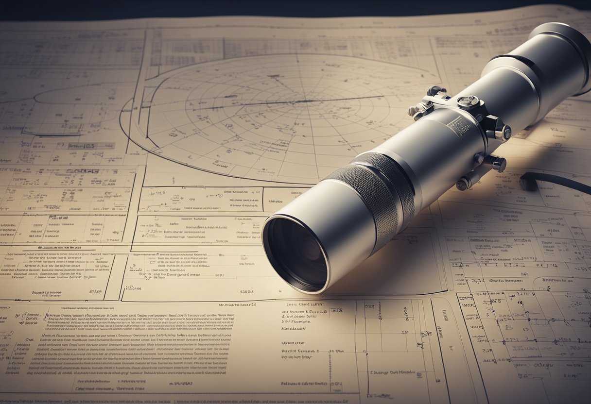 Um telescópio aponta para o céu noturno, focando em estrelas e planetas distantes. O caderno de um cientista está aberto, cheio de equações matemáticas complexas e diagramas.