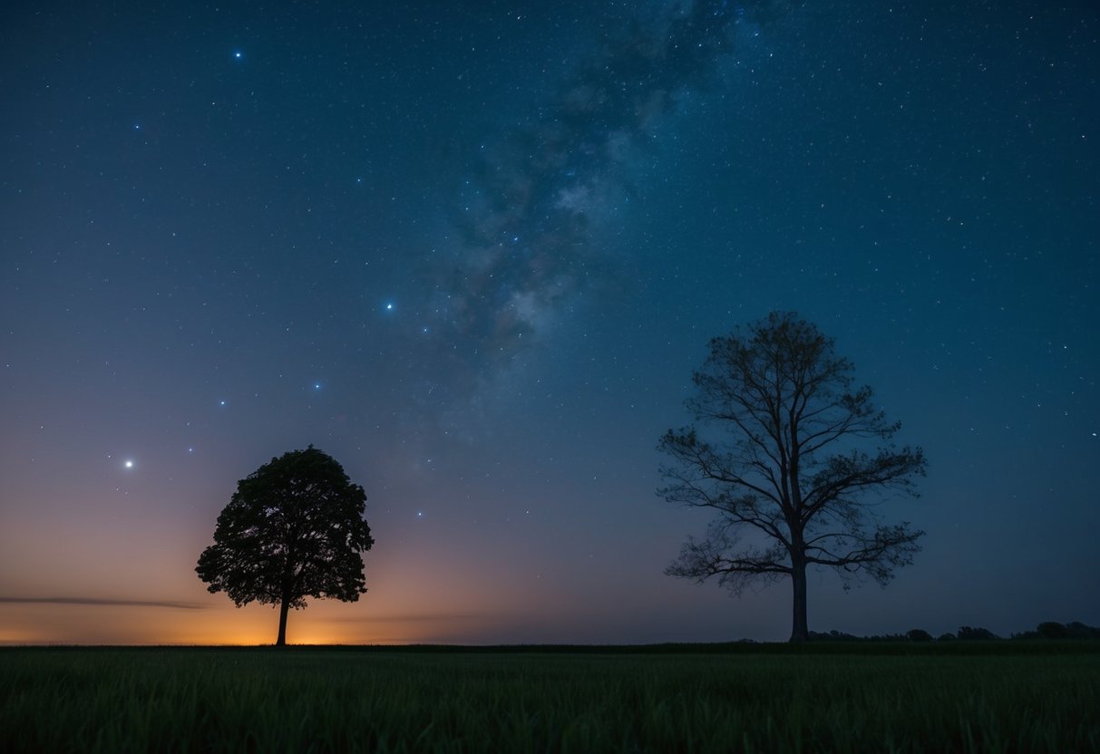 Un cielo notturno sereno con stelle che brillano intensamente, un albero solitario che si erge alto e una leggera brezza che porta sussurri di buonanotte.