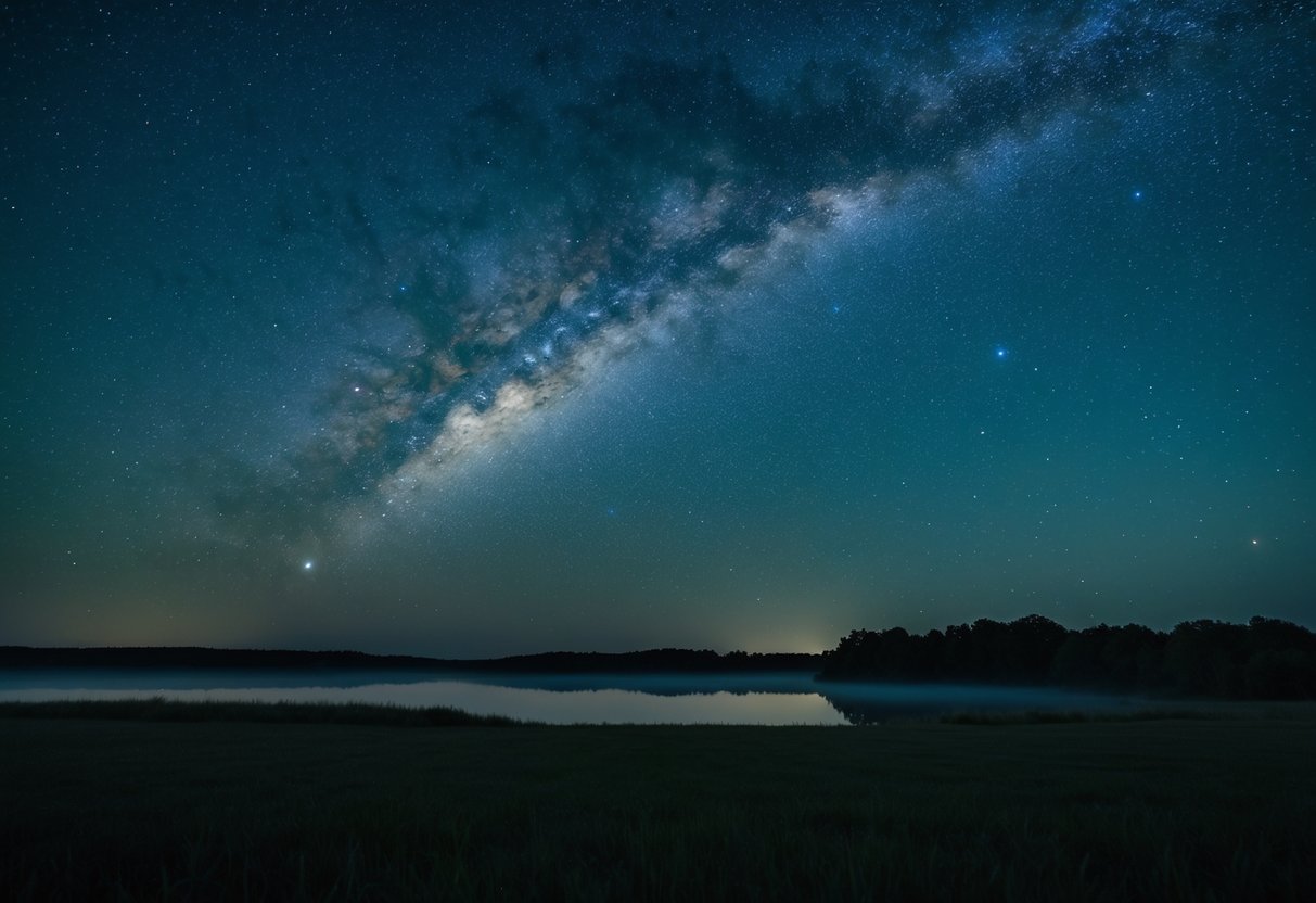 Un cielo notturno sereno con stelle scintillanti che diffondono un morbido bagliore su un paesaggio tranquillo, evocando un senso di introspezione e pensieri nascosti.