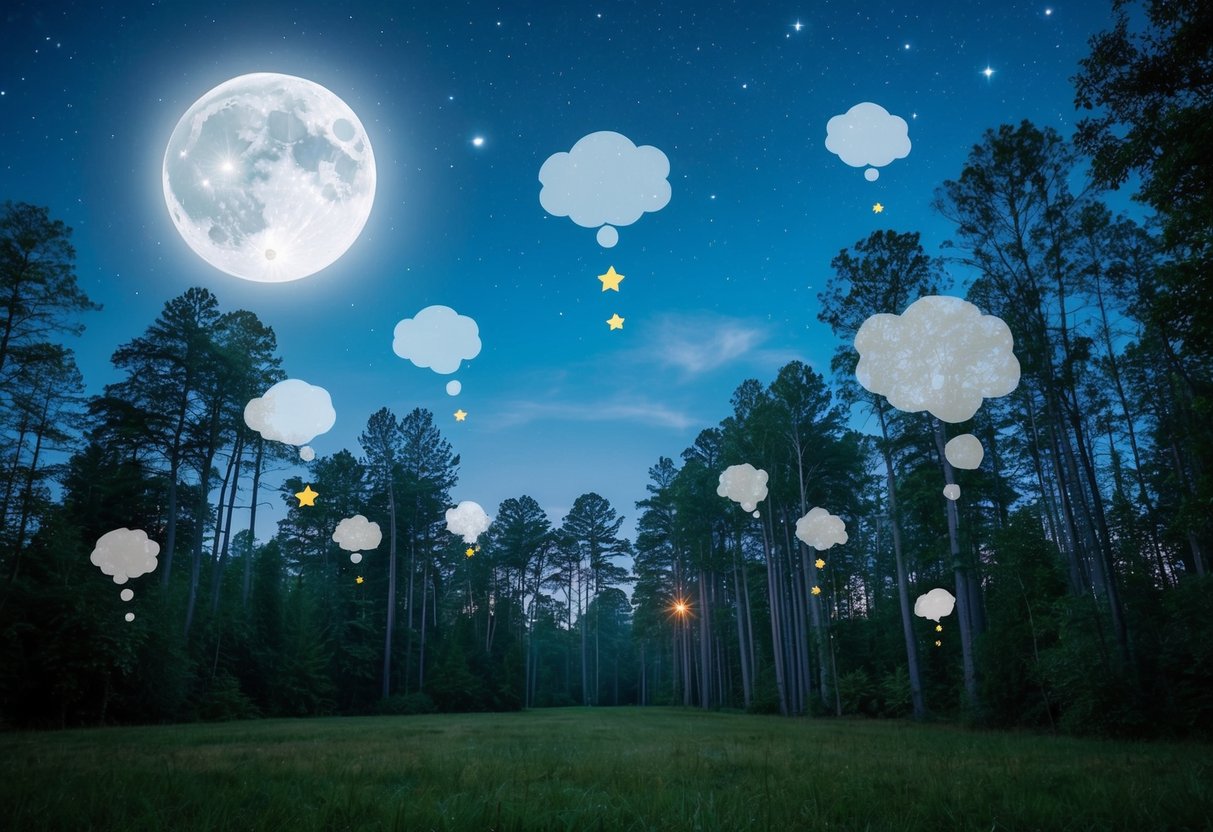 Una foresta serena illuminata dalla luna con bolle di pensiero sognanti e stelle scintillanti