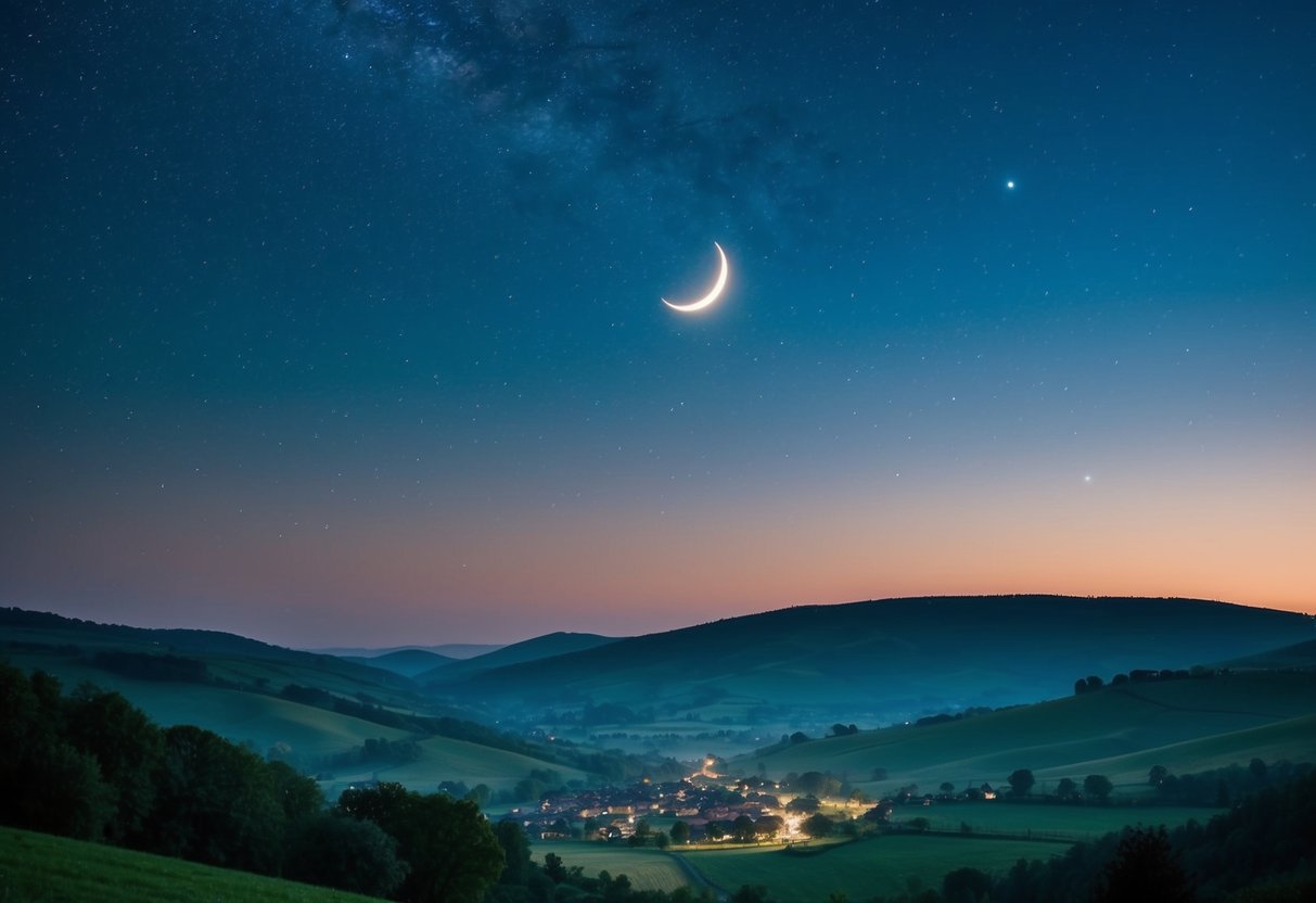 Un cielo notturno tranquillo con stelle scintillanti e una luna crescente, che emette un tenue bagliore su un paesaggio tranquillo di colline ondulate e un sereno villaggio immerso nella valle.