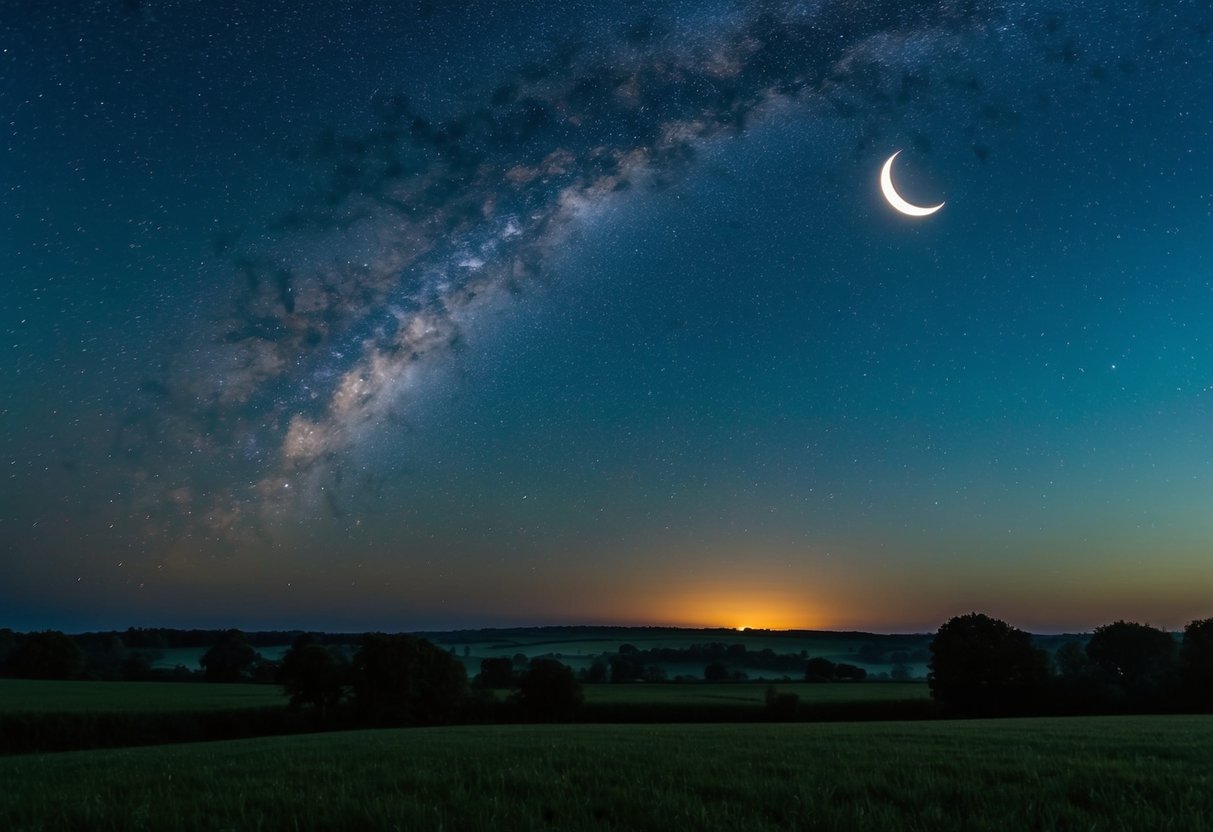Un cielo notturno sereno con stelle scintillanti e una luna crescente, che diffonde una luce soffusa su un paesaggio rurale pacifico