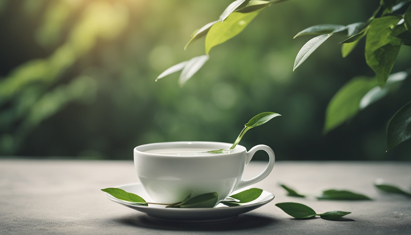 A white tea drink in a porcelain cup on a stone surface, surrounded by scattered leaves, creating a serene, zen-like composition with soft, muted tones