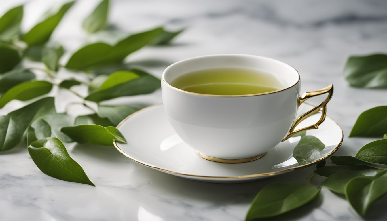 A white tea cup on marble, surrounded by leaves, exuding tranquility