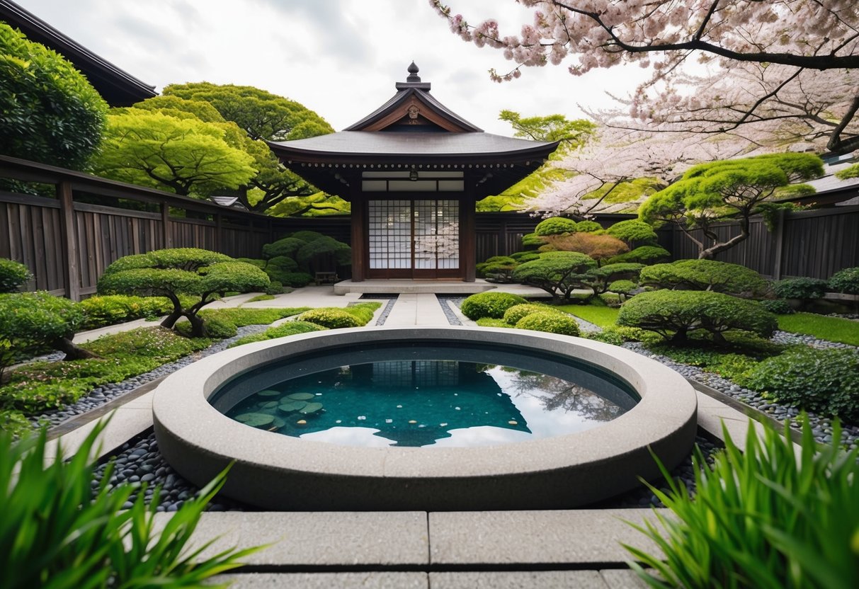 A serene Japanese garden with a traditional wooden soaking tub, surrounded by lush greenery and blooming cherry blossoms