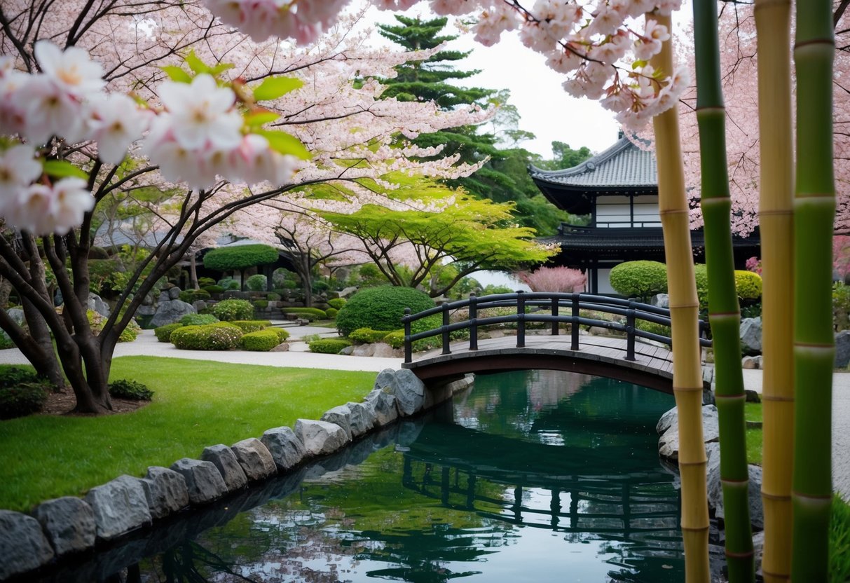 A serene Japanese garden with a koi pond, bamboo trees, and a traditional wooden bridge. Cherry blossoms bloom, creating a peaceful atmosphere Japanese Wellness Practices