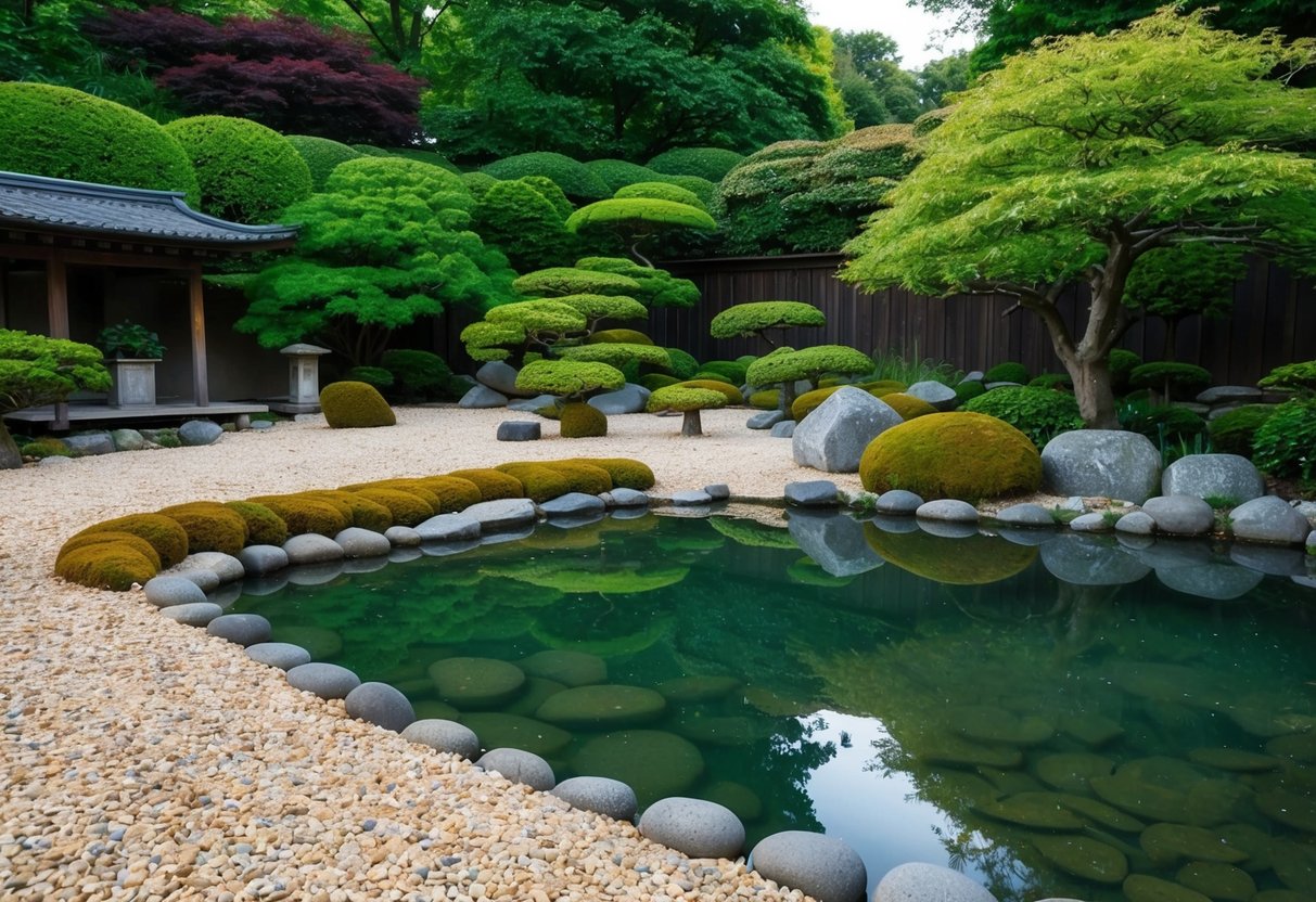 A serene Japanese garden with raked gravel, moss-covered stones, and a tranquil pond surrounded by lush greenery Japanese Wellness Practices