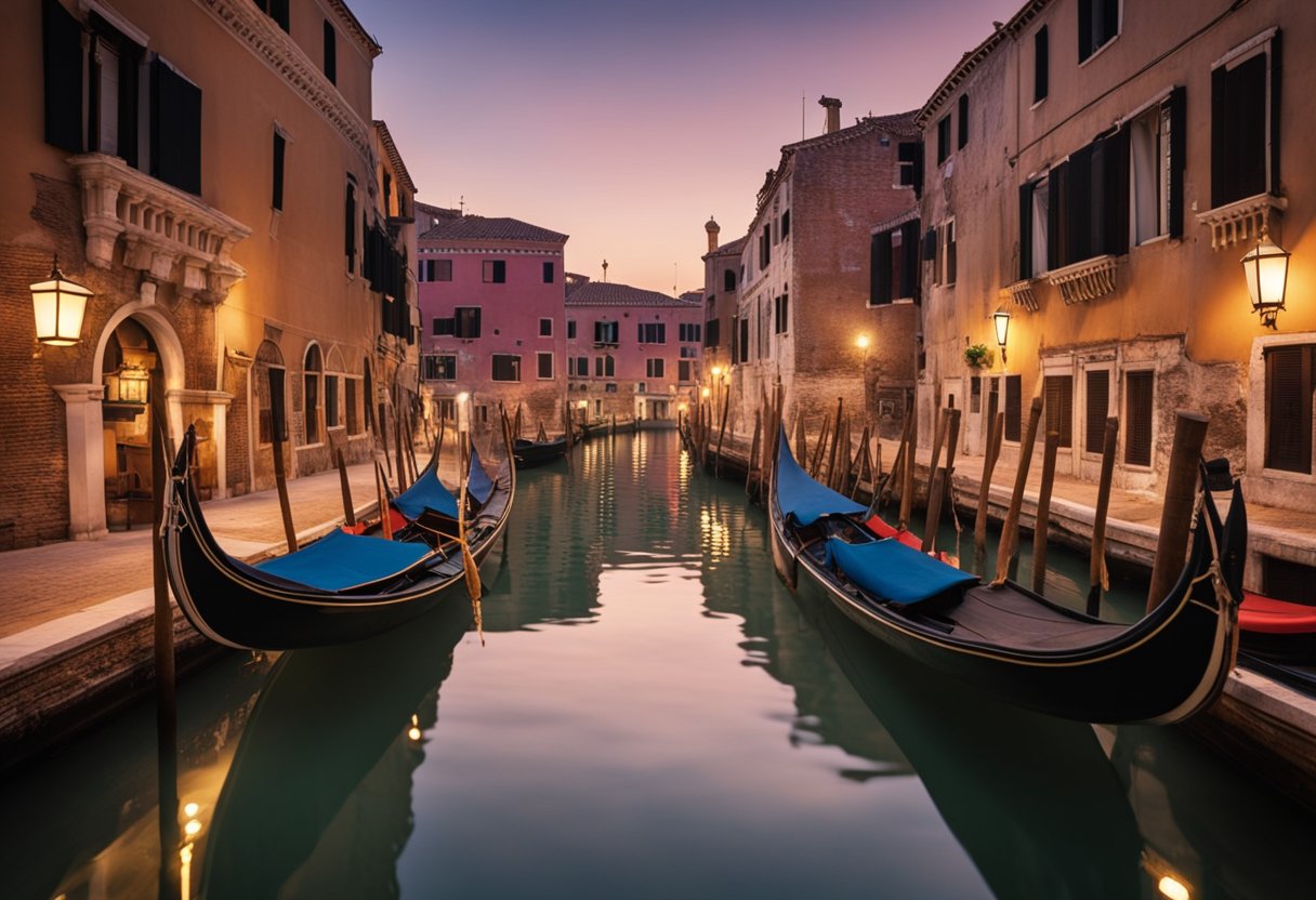 Um canal veneziano ao crepúsculo, ladeado por edifícios antigos e adornado com bandeiras coloridas e máscaras, enquanto gôndolas deslizam na suave luz das lanternas.