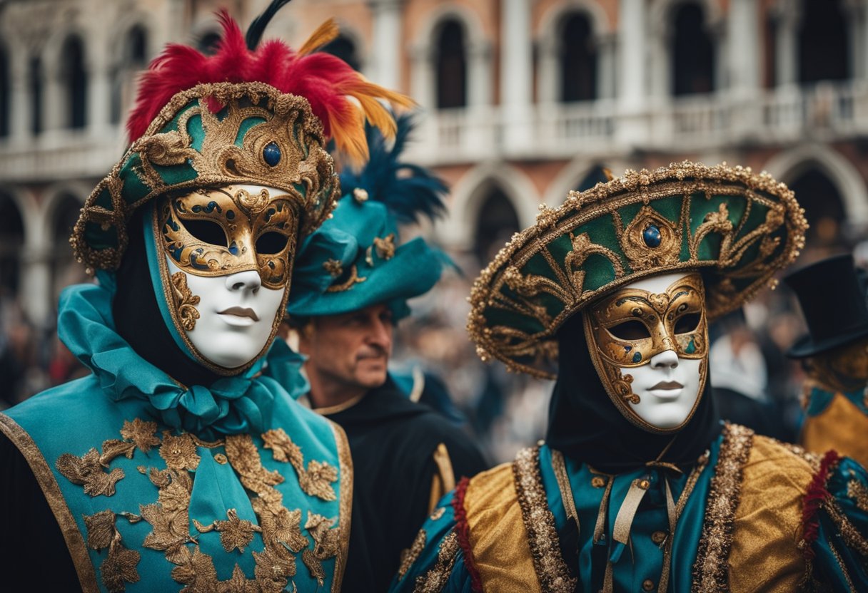 Uma praça vibrante de Veneza cheia de máscaras e fantasias coloridas e ornamentadas, enquanto os foliões celebram as tradições históricas e culturais do Carnaval de Veneza.