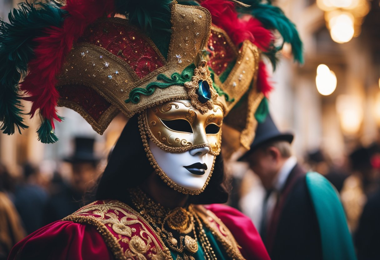 Uma máscara veneziana colorida e intrincada cercada por trajes ornamentados e decorações festivas, evocando o rico simbolismo e a identidade cultural do Carnaval de Veneza.