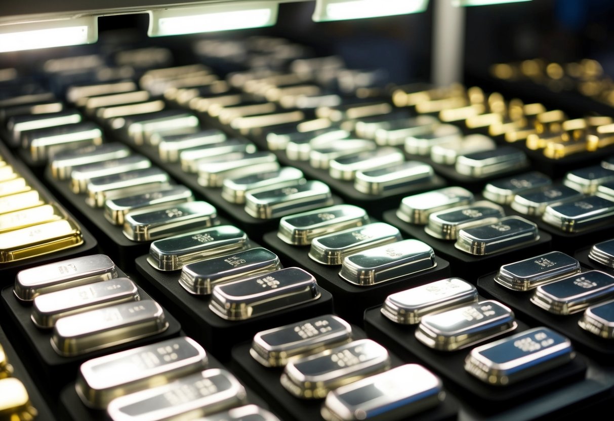 A display of various silver bars, gleaming under bright lights, arranged in an organized and attractive manner to showcase their different sizes and designs