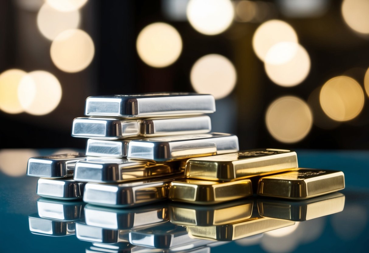 A collection of various silver bars stacked on a reflective surface, with different brand logos and designs visible