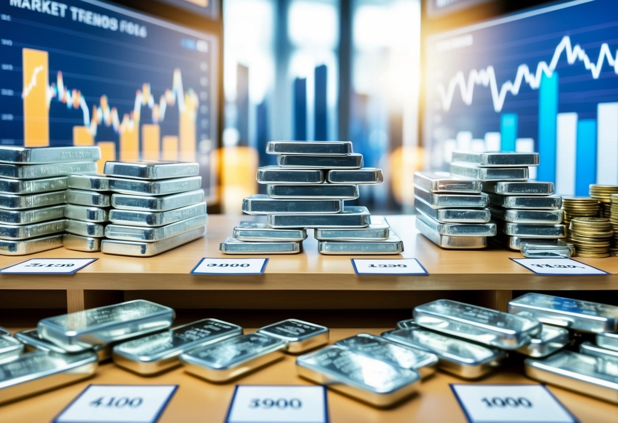 A collection of various silver bars displayed on shelves with price tags, surrounded by charts and graphs showing market trends