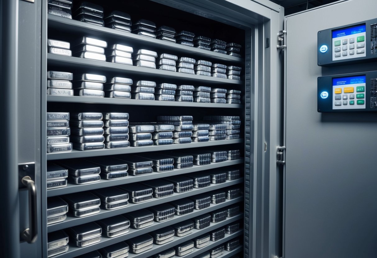 A secure vault with rows of neatly stacked silver bars in various sizes and designs, protected by advanced security measures