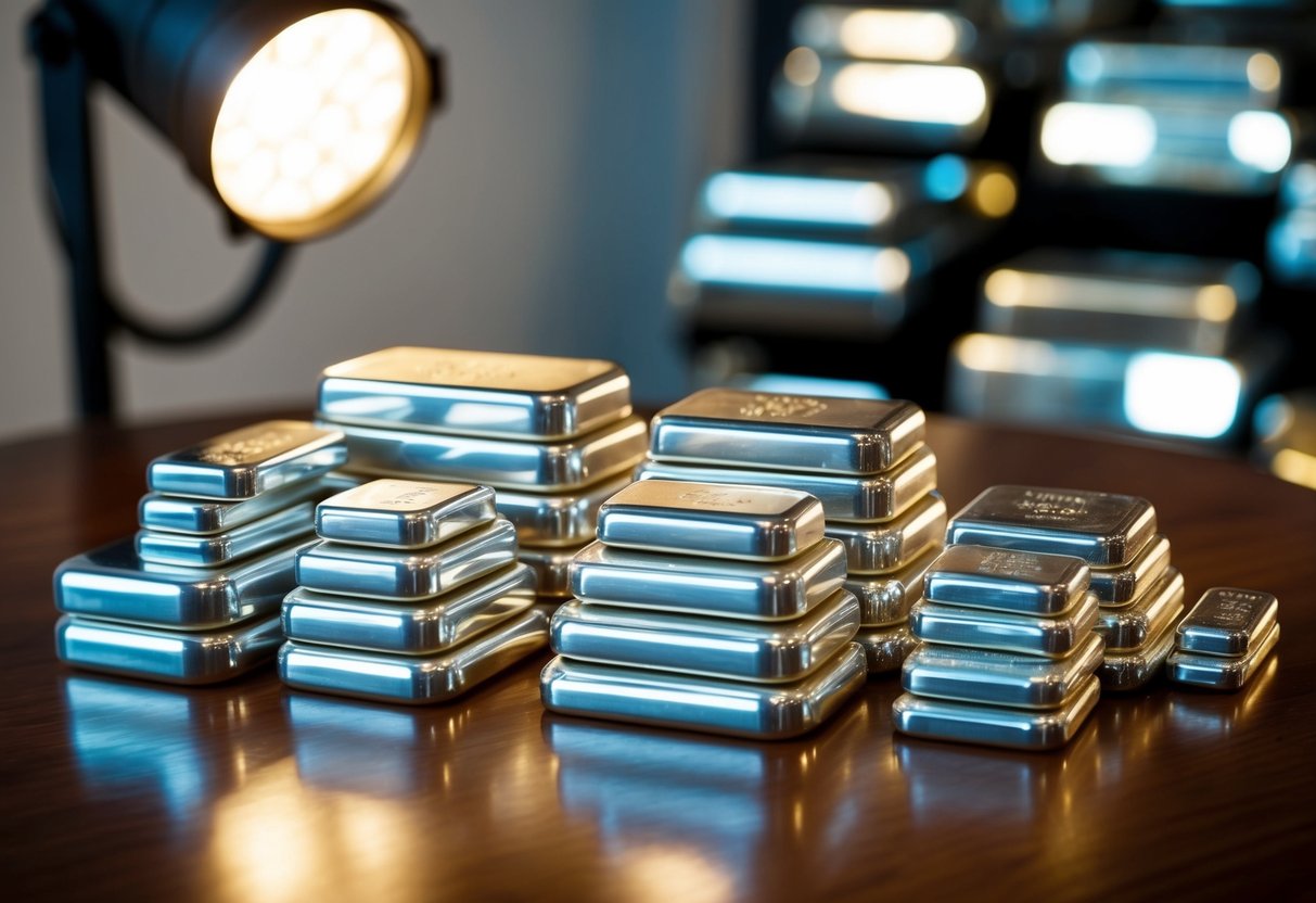 A collection of various sizes and designs of silver bars arranged on a polished wooden surface, with a spotlight highlighting the shimmering metal