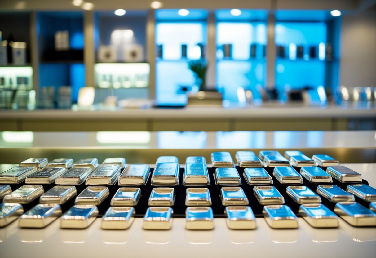 A display of various silver bars in different sizes and designs, arranged neatly on a clean, well-lit counter