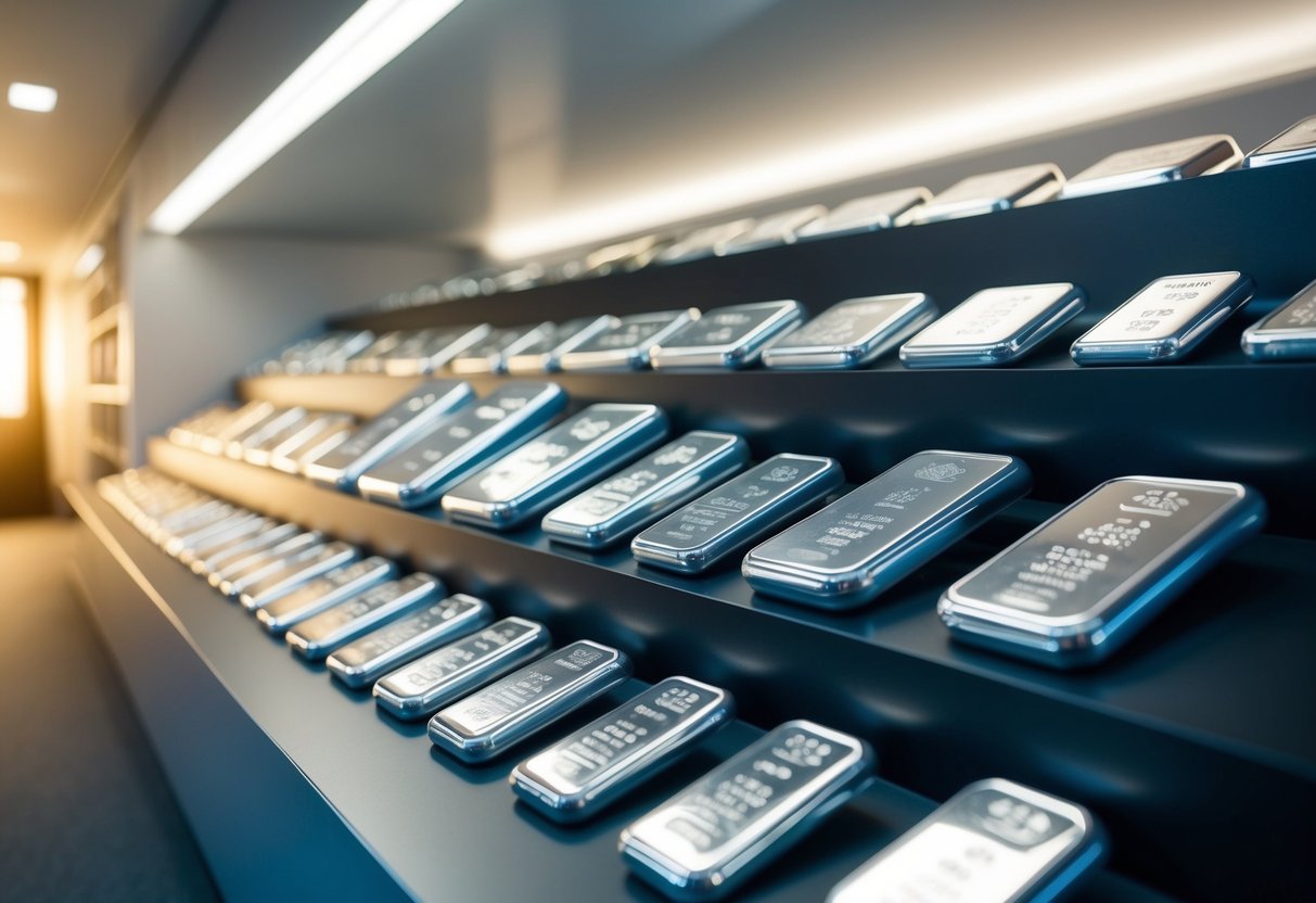 A display of various silver bars in different sizes and designs arranged neatly on a sleek and modern shelf