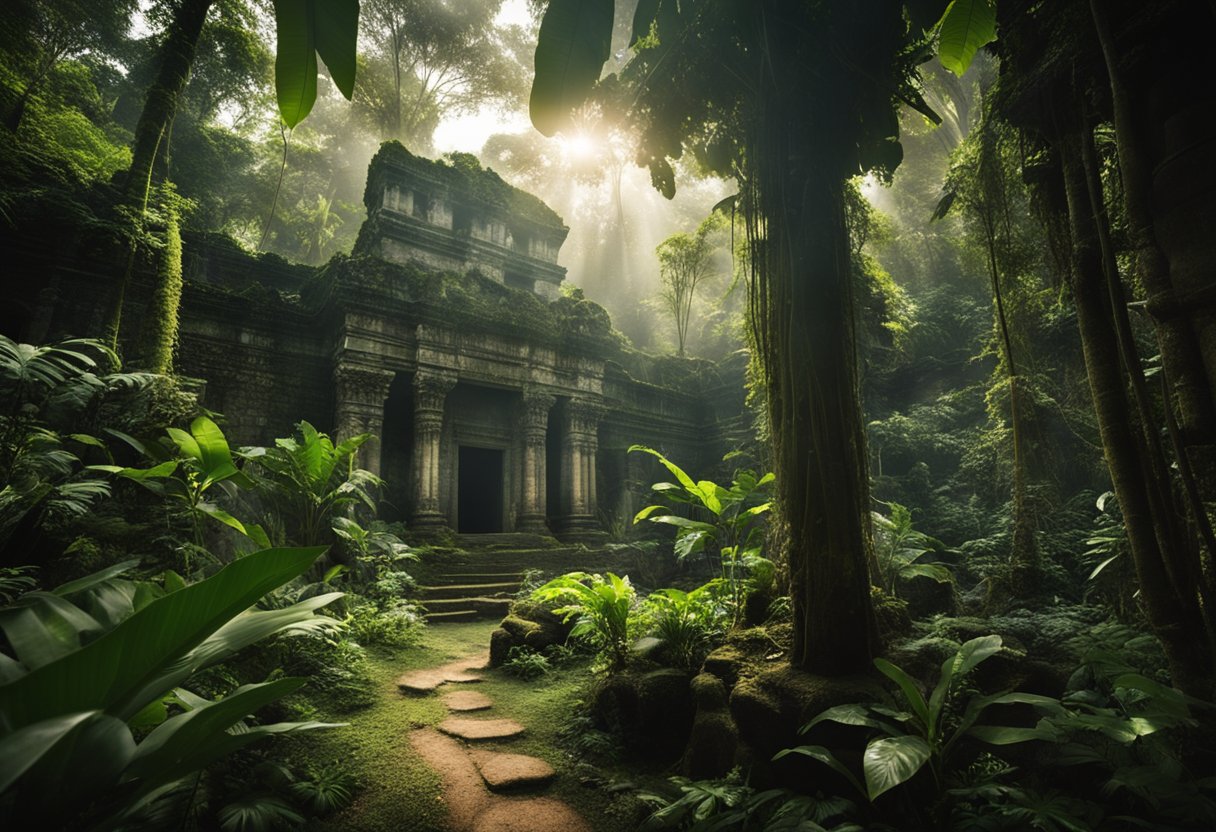 Selva exuberante com ruínas antigas surgindo através da densa folhagem. A luz do sol filtra-se pela copa das árvores, iluminando as misteriosas cidades perdidas da Amazônia.